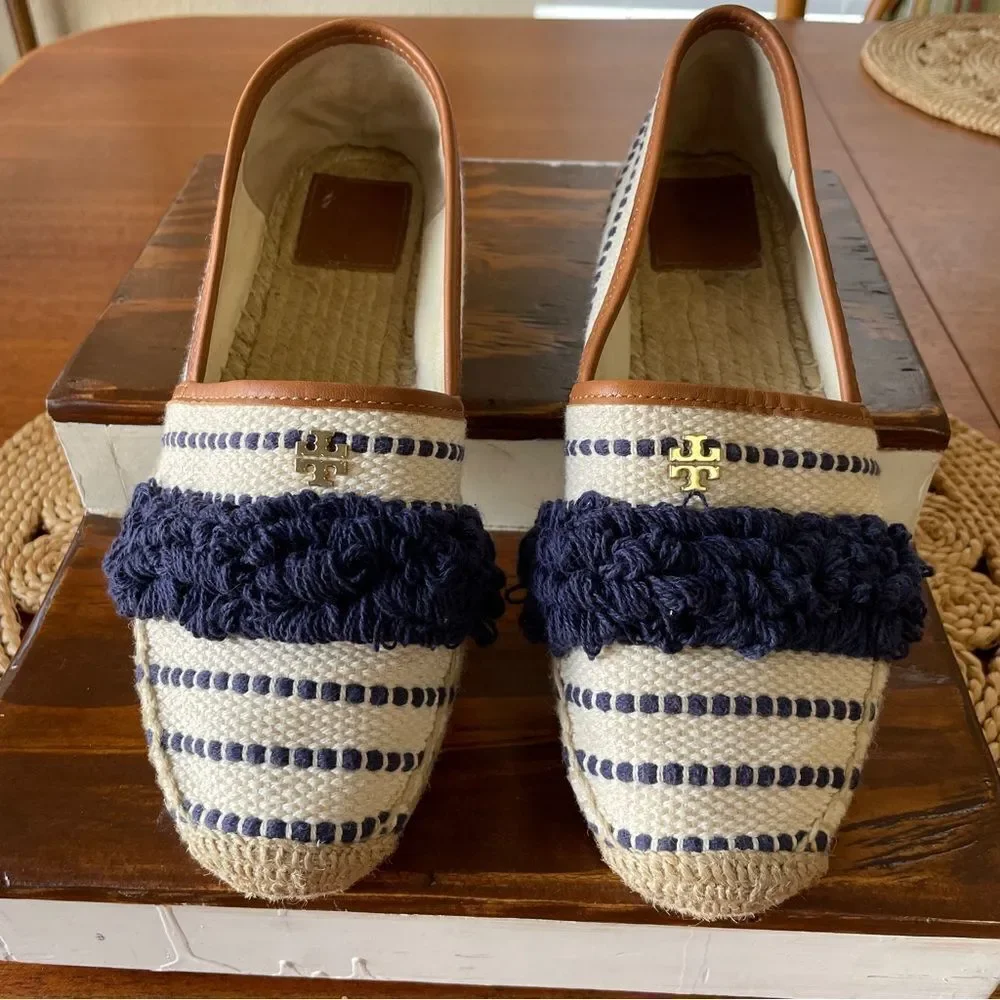 Tory Burch Shaw Fringe Espadrilles Navy and Cream Size 7